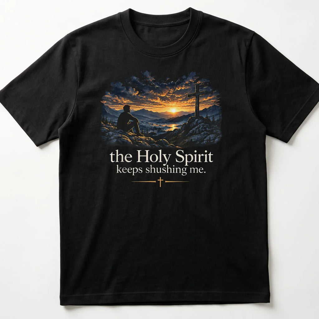 Mountain Sunset Scene with the Holy Spirit Keeps Shushing Me T-Shirt